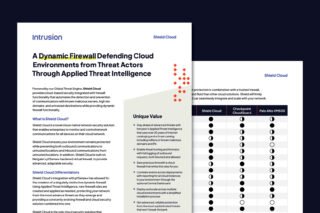 Intrusion Shield Cloud datasheet describing dynamic firewall and cloud-native security solution. Highlights unique values such as automated applied threat intelligence, threat hunting, cloud-wide deployments, and cost-effective scaling. Includes comparison chart against Checkpoint CloudGuard and Palo Alto VM500 solutions.