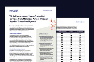 Intrusion Shield Endpoint datasheet describing zero-trust endpoint protection for Windows and Android devices. Highlights unique value points such as blocking malicious communications, threat hunting, Azure Active Directory integration, and comparison chart against Zscaler and Cloudflare solutions.